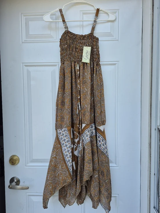Brown Paisley Hippie Boho Bohemian Recycled Sari Silk Patchwork Midi Dress Small - Picture 8 of 8
